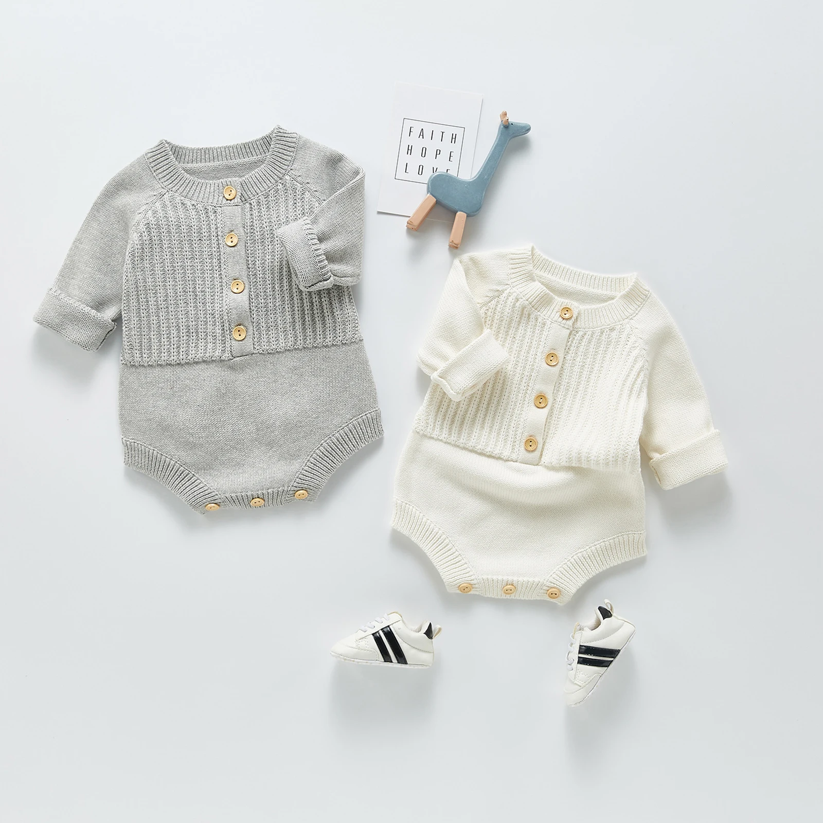 

Newborn Baby Romper Knitting Ribbed Surface Round Neck Long Sleeve Solid Color Crotch Button Bodysuit