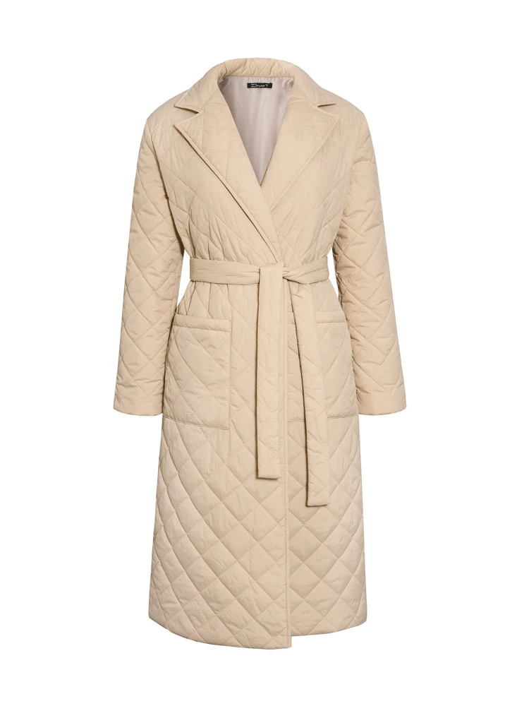 Autumn Winter Fashion Khaki Argyle Cotton Long Parkas with Belt 2022 Women's Casual Turn Collar Warm Thick Cotton Padded Jacket