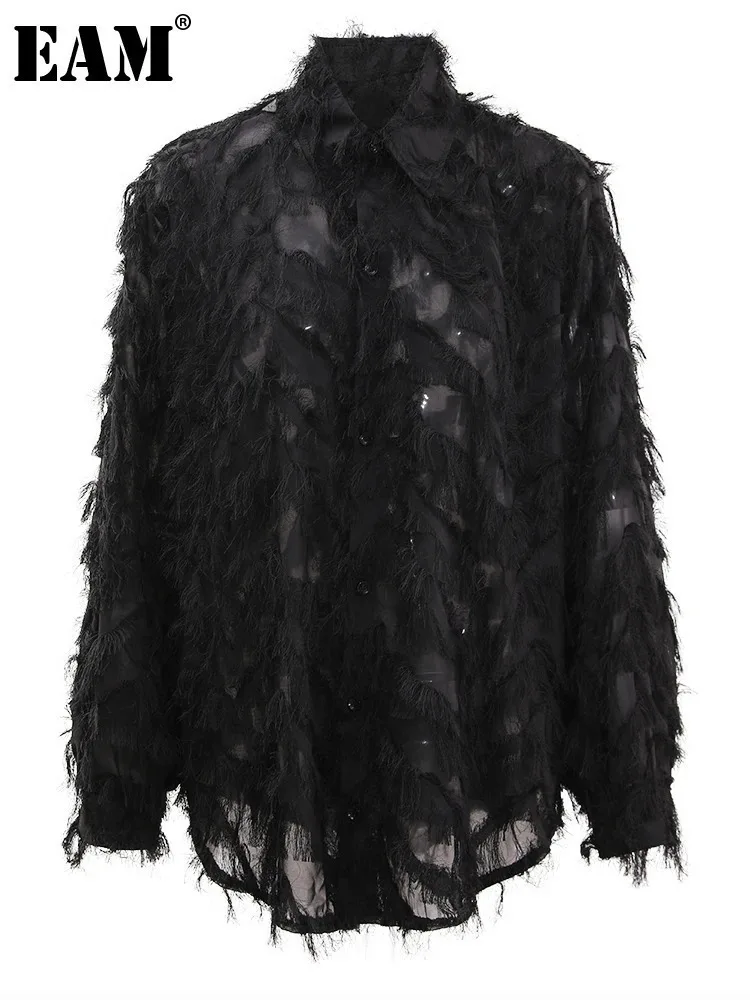 Женская Повседневная Блузка [EAM] черная тонкая блузка большого размера с длинными