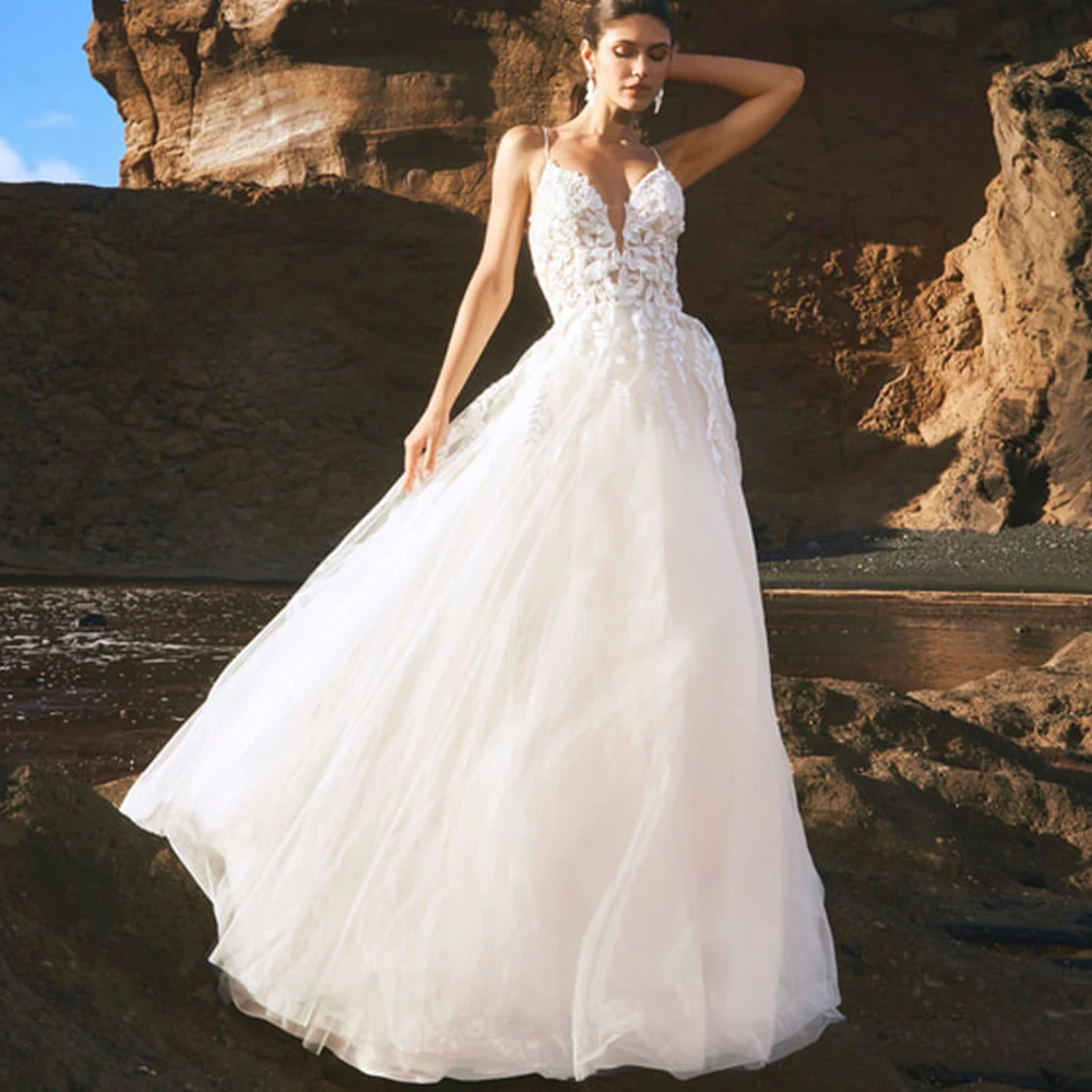 

Boho Wedding Dress Lace Applique Zipper Backless Spaghetti Straps Robe De Mariage 2022 Nouveauté Tulle A-Line Vestido De Noiva