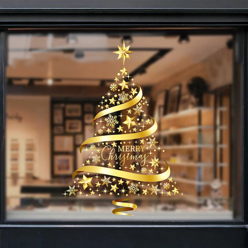 

Golden Merry Christmas Tree Stickers Snowflake Window Decals Sticker Christmas Decorations for Home Navidad Happy New Year 2024