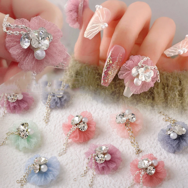 

1PC Nail Lace Embroidery Ball Decoration Luxury Crystal Pearl Metal Pendant Chain Decoration DIY Art Manicure Accessoires