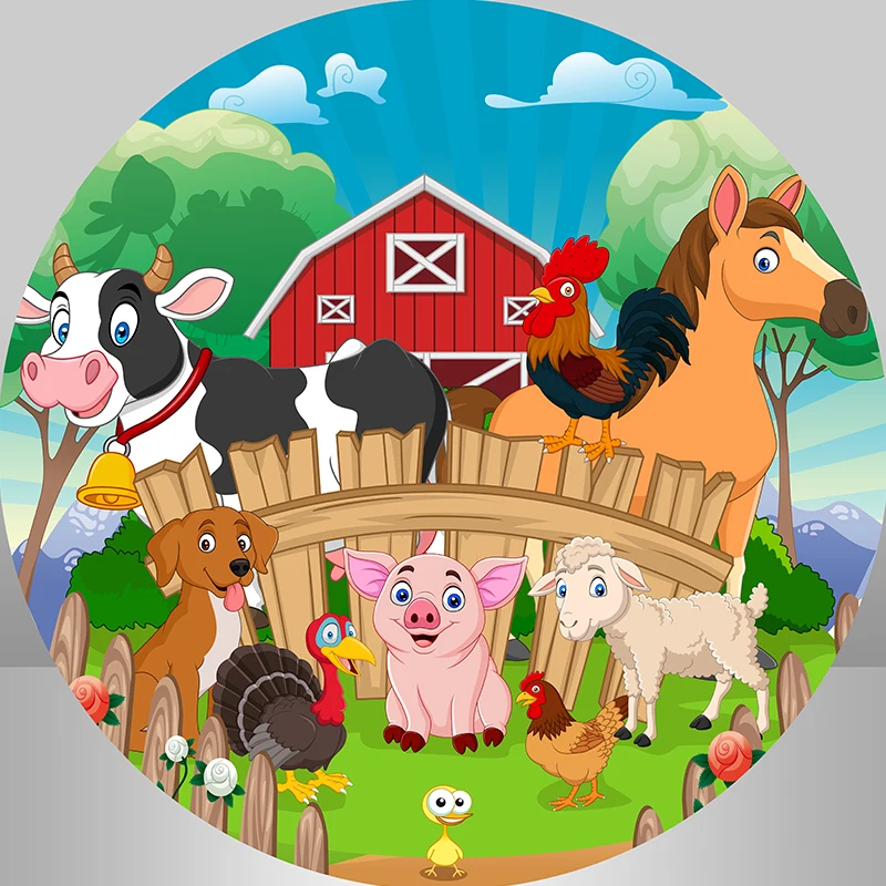 

Red Farm Background for Kids Birthday Party Decoration Table Plinth Cover Elastic Barn Yard Animals Round Backdrop Circle Cover