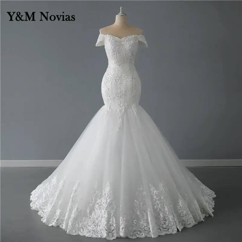 

Y&M Novias New Lace Mermaid Wedding Dresses 2022 Off The Shoulder Beading Bridal Gowns Short Sleeve Vintage Train Wedding Gown