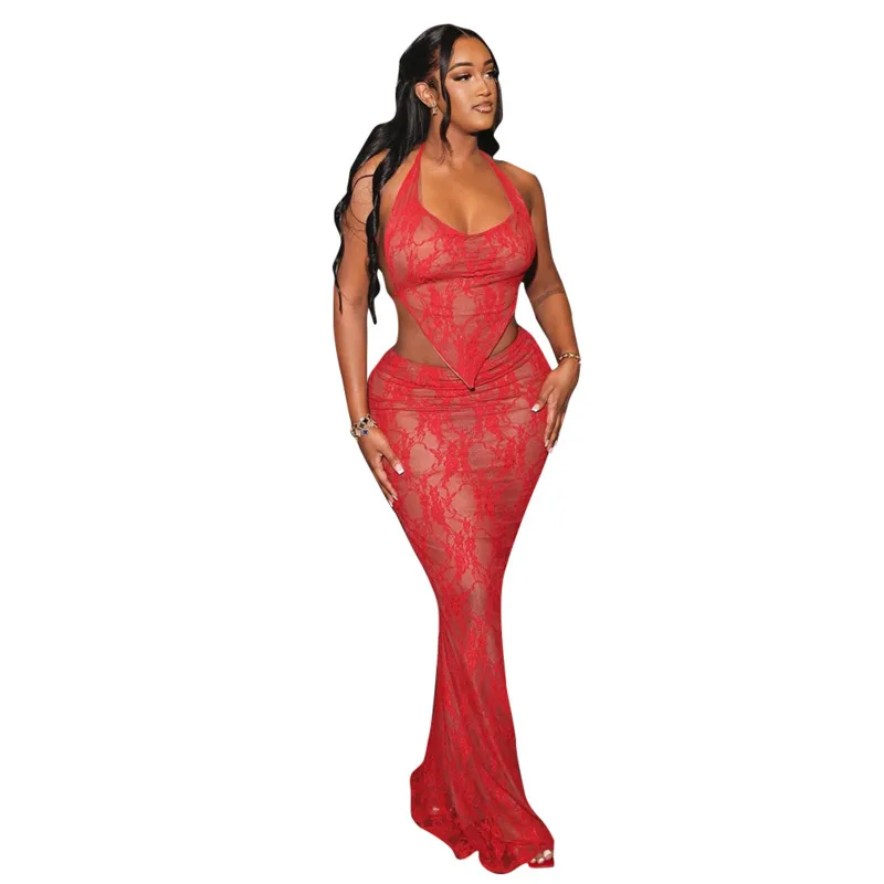 KOXINVES Летний Новый сетчатый кружевной на шнуровке без бретелек Топ + юбка женские