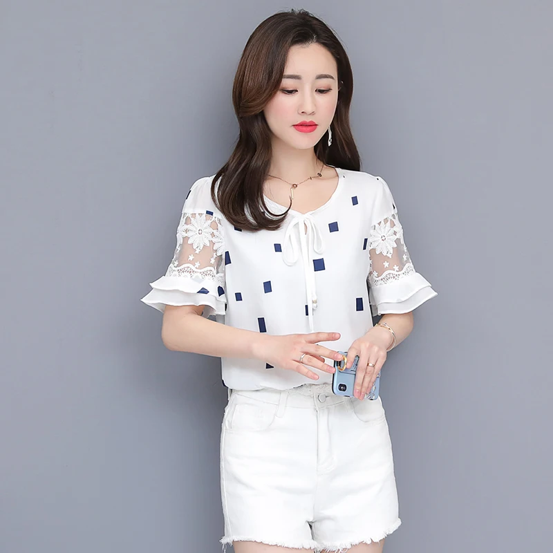 New Arrive Women Summer Blouse Elegant Fashion Mesh Chiffon Shirt Retro Floral Prin Short Sleeve Bottoming Shirts Blusas Mujer