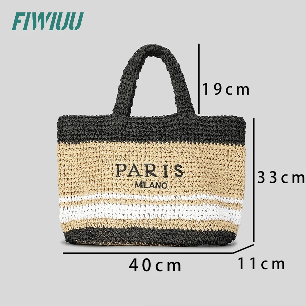 Fiwiuu Womens Handmade Straw Bag Travel Beach Tote Fishing Mesh Bag Straw Woven Bag Shopper Bag With Letter Print
