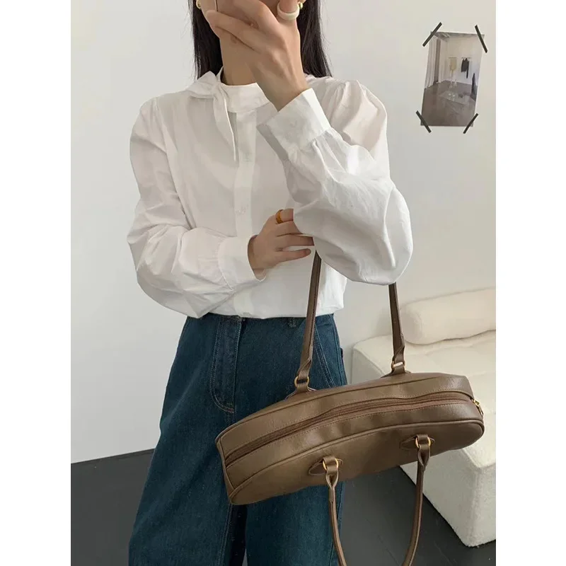 THINK Design Sensibility Women's Autumn/Winter Loose-Fit Solid Color Long Sleeve Shirt Top New Style Korean Fashion