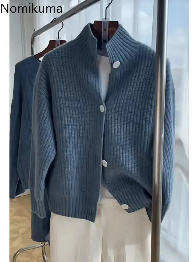 

Кардиган Nomikuma женский осенне-зимний с воротником-стойкой и рукавами-фонариками свободный трикотажный женский винтажный элегантный свитер