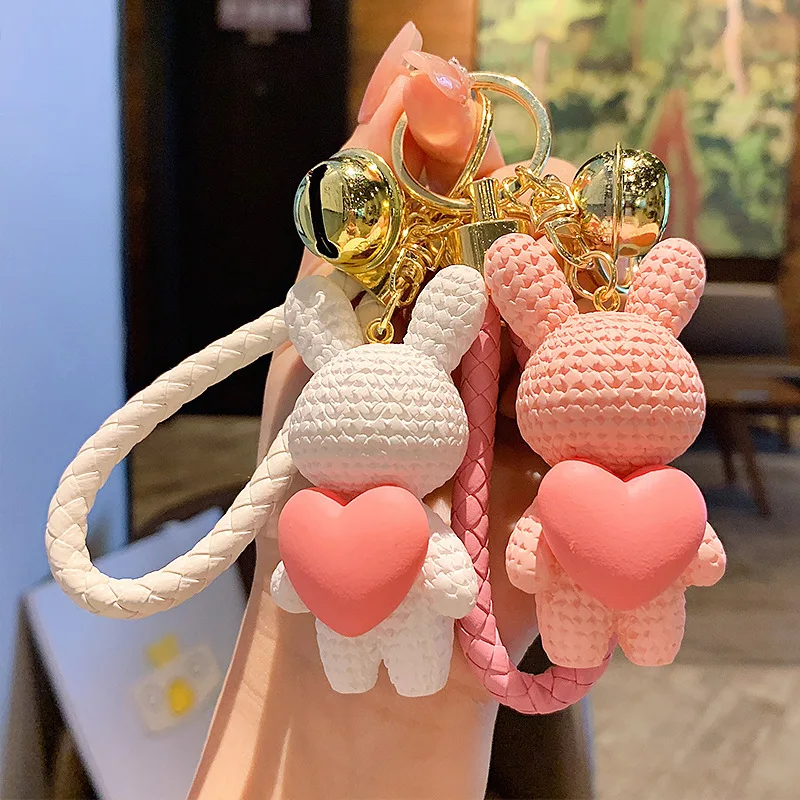 

Cute Bear Bow Key Chain for Kids Girls Gifts Resin Bell Rabbit Keychain Weaving Fashion Doll Bag Pendant Car Key Ring