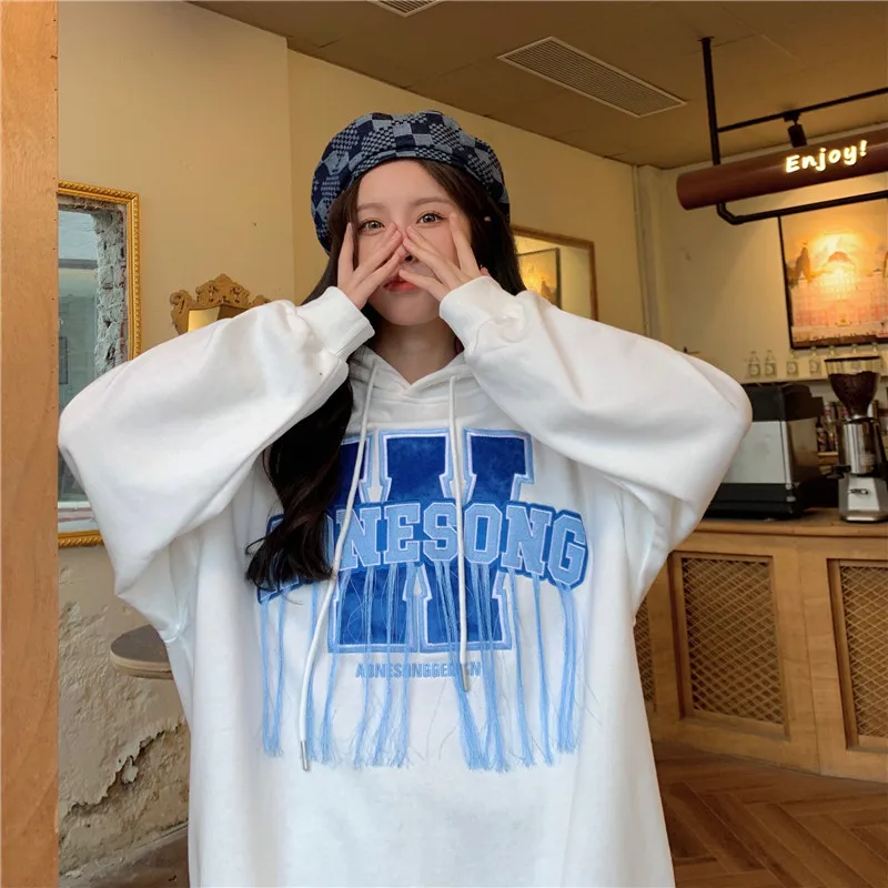 

Парный свитшот с капюшоном и принтом в стиле High Street, Свитшот оверсайз, корейский модный топ с длинным рукавом, Женский свитшот, винтажная оде...