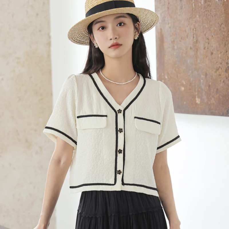 

Женская винтажная жаккардовая рубашка с коротким рукавом и V-образным вырезом