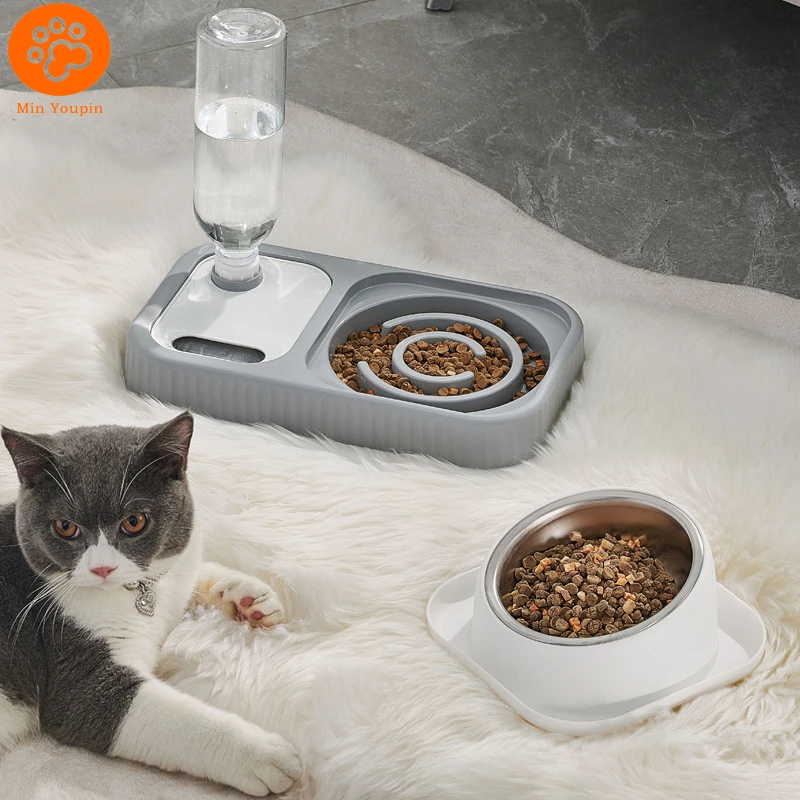 

Pet Bowl with Drinking Bottle Dogs and Cats Slow Food Bowl Pet Anti-overturning Automatic Drinking Feeding Set Pet Supplies