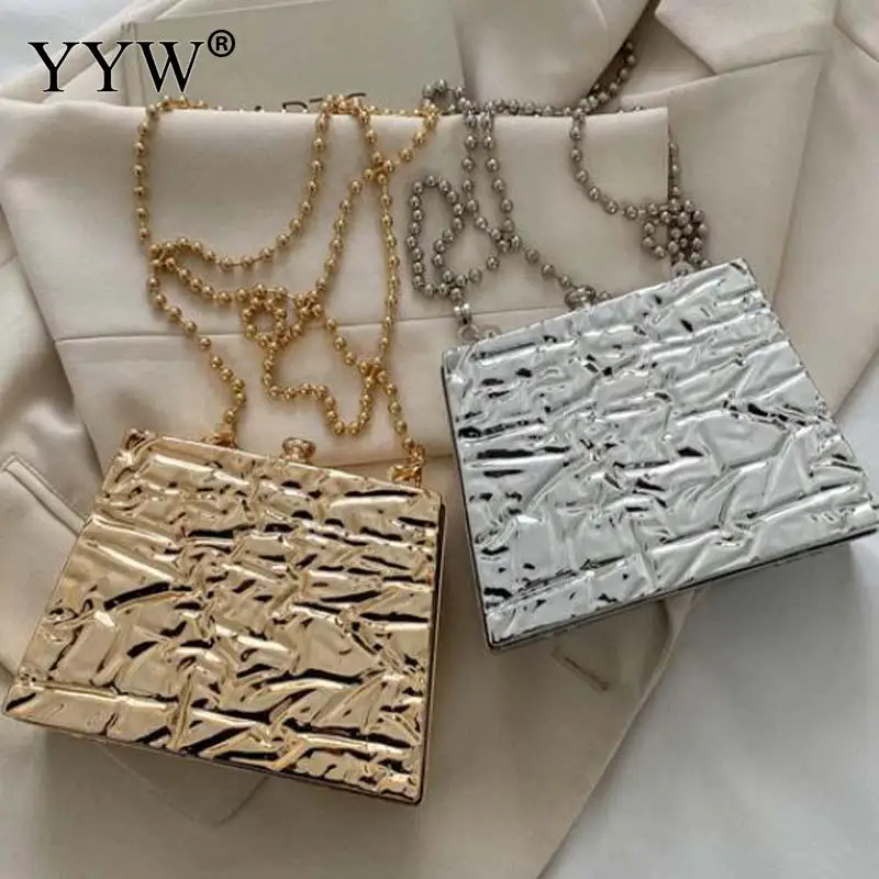 Fashion Square Acrylic Pleated Women Clutch Handbag Box Beads Chain Crossbody Shoulder Mini Phone Case Purse Casual Lady Bag