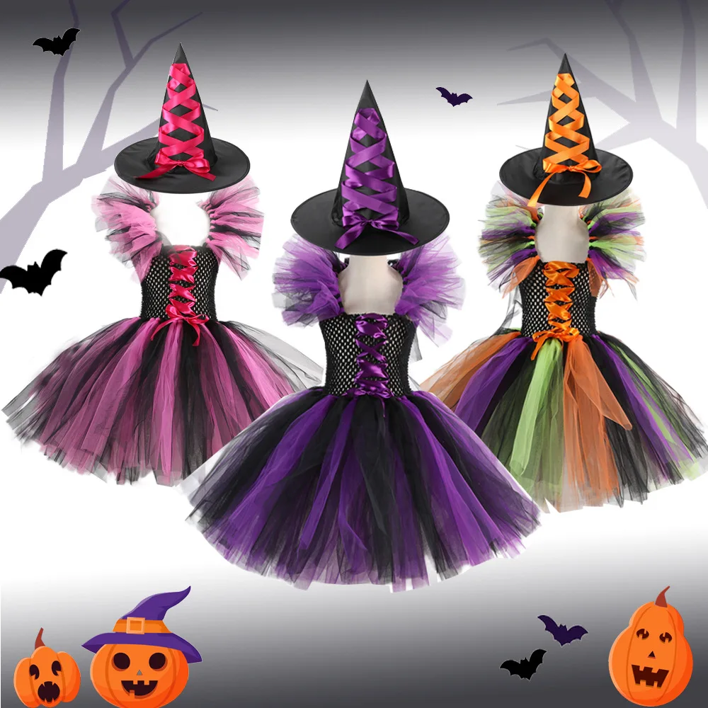 

2023 костюм ведьмы для девочек, костюм-пачка на Хэллоуин, Платье До Колена с шапкой, метлой, колготки, Детский костюм для карнавала, косплея, ве...