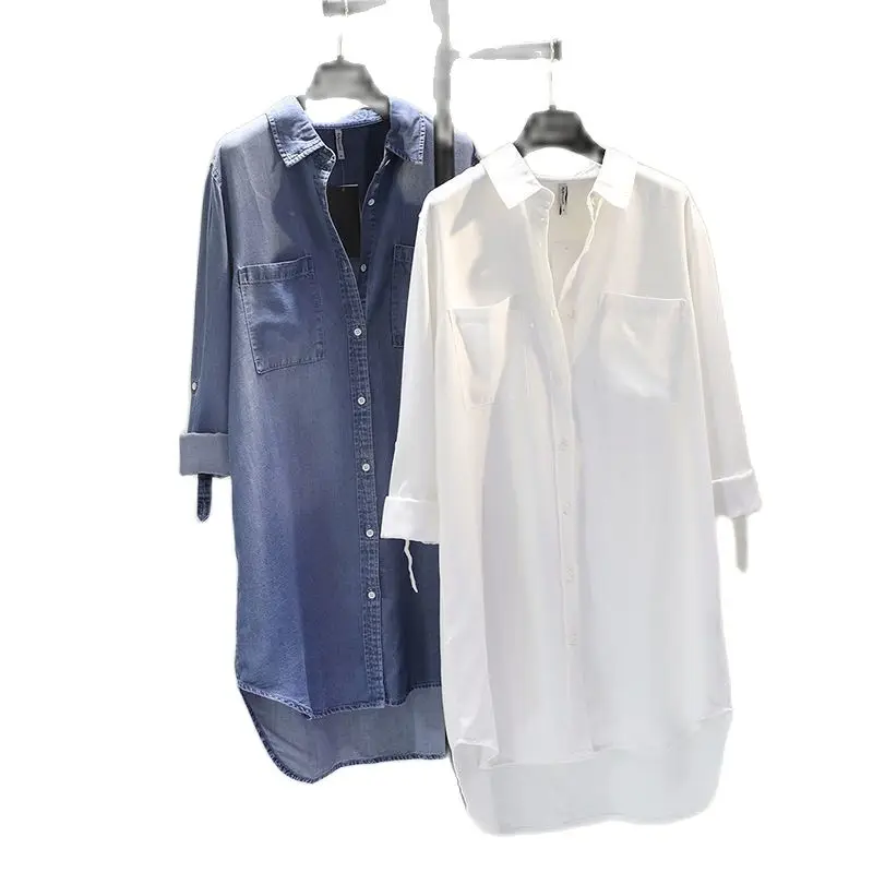 

Женское джинсовое платье средней и длины, тонкая рубашка с двойным карманом и рулонным рукавом, весна-осень 2023