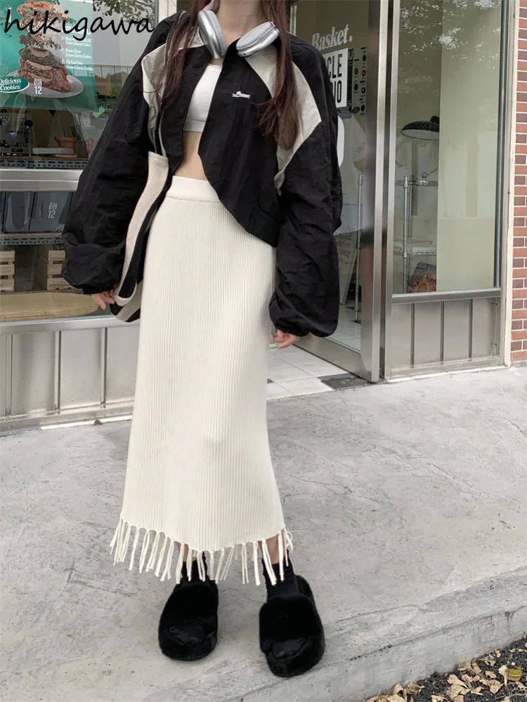 

High Waist Korean Skirt Women Fashion Tassel Knitted Long Jupe Bodycon Tunic Casual Y2k Skirt 2023 Faldas Mujer De Moda 27k012