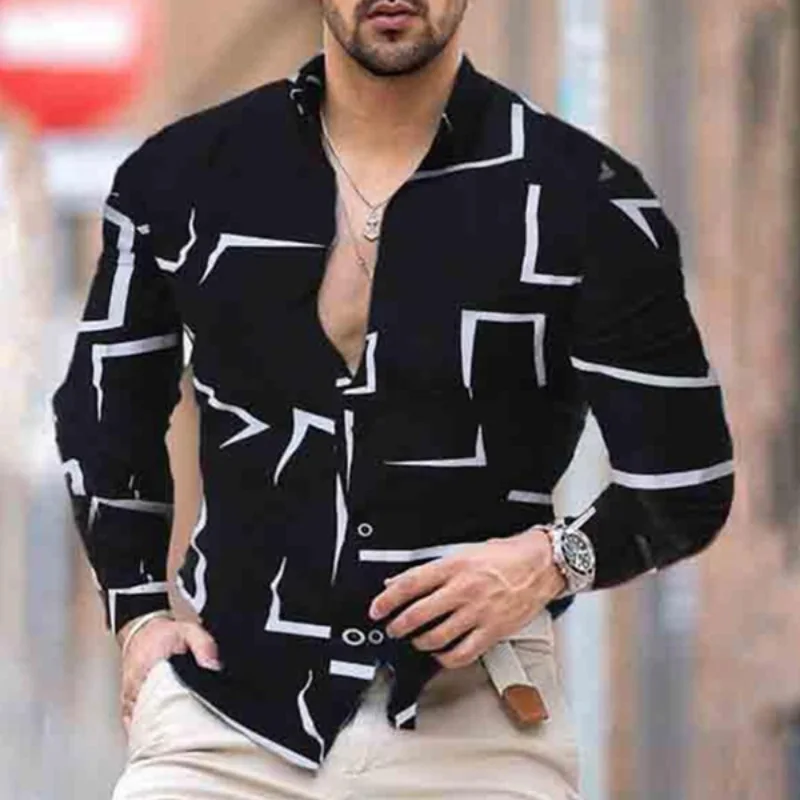 Рубашка мужская с геометрическим принтом, Модный Кардиган с длинным рукавом, с лацканами, топ, рубашка с длинным рукавом