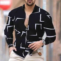 new mens shirts geometric print long sleeve lapel fashion cardigan tops longsleeve shirt for men