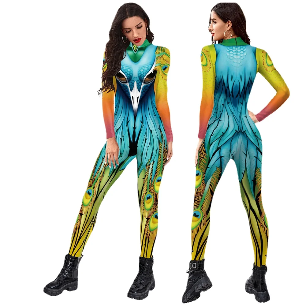 

B142-333 Digital Printing Peacock Painting Ladies Performance Clothes One-piece Jumpsuit Stage Pants