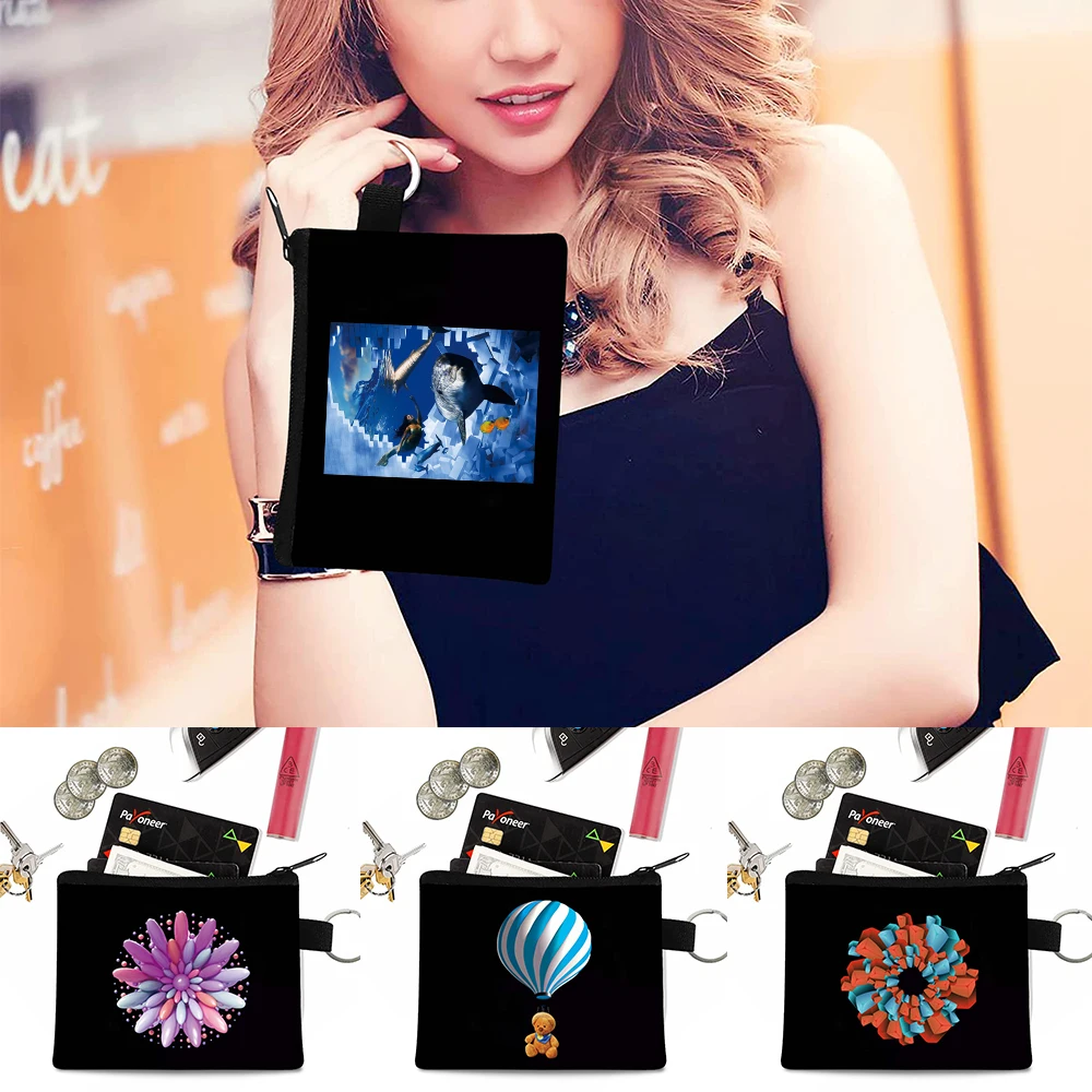 

Soft Canvas Coin Purses 3D Print Small Pouch Money Keyring Pocket Wallets Holder Mini Functional Pouch Zipper Card Organizer Bag