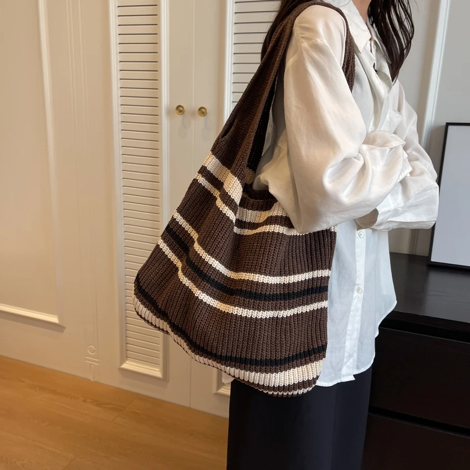 Striped Knitted Women's Bag Knit Eco Bag Korean Shopper Y2K Crochet Rope Shoulder Bag Female Knitting Handbag Student Hobos Book