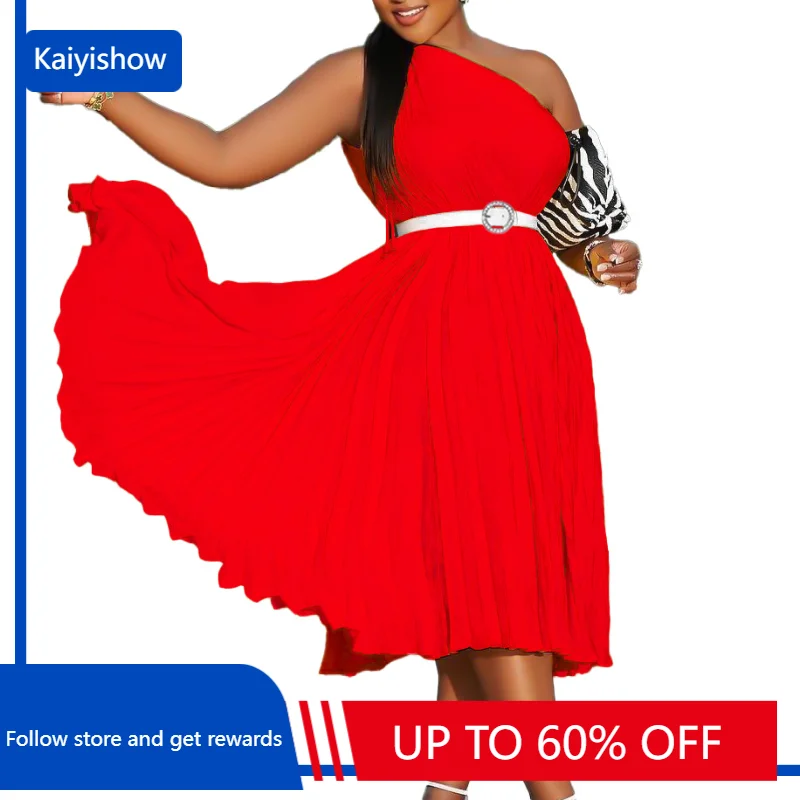 

Casual Ruffle One Shoulder Party Dress Women Solid Ruched Pleated Street Club Wedding Cocktail Midi Dresses with Belt