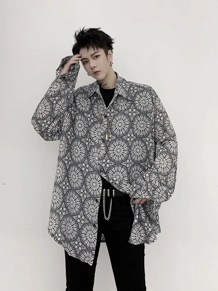SYUHGFA 2022 Autumn Lapel Personality Vintage Print Long Sleeve Shirt For Men Korean Streetwear Loose Casual Shirts Men Clothing