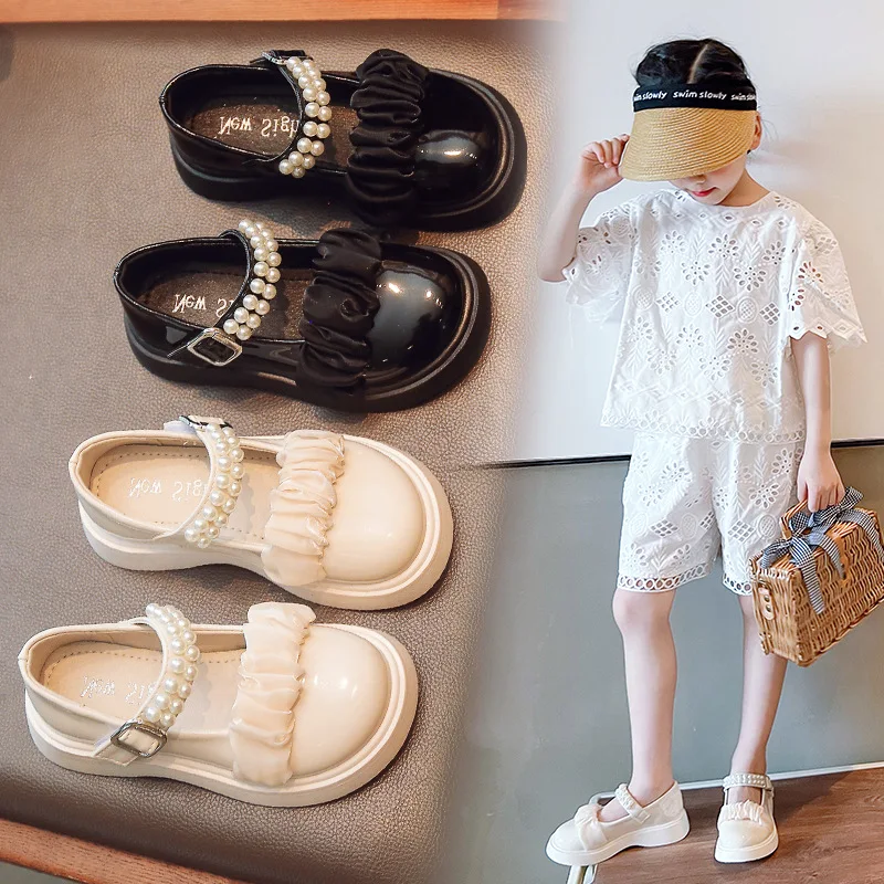 

2022 New Spring Children Girls Flat Pearl PU Leather Shoes Kids Baby Princess Shoes