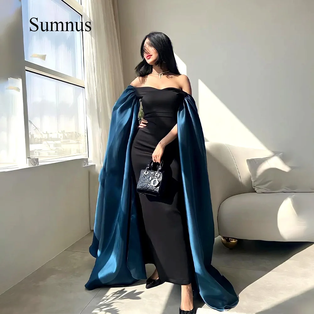 

Sumnus Black Mermaid Saudi Arabia Evening Dresses Cape Sleeve Long Arabic Formal Gowns Off Shoulder Dubai Wedding Party Dress