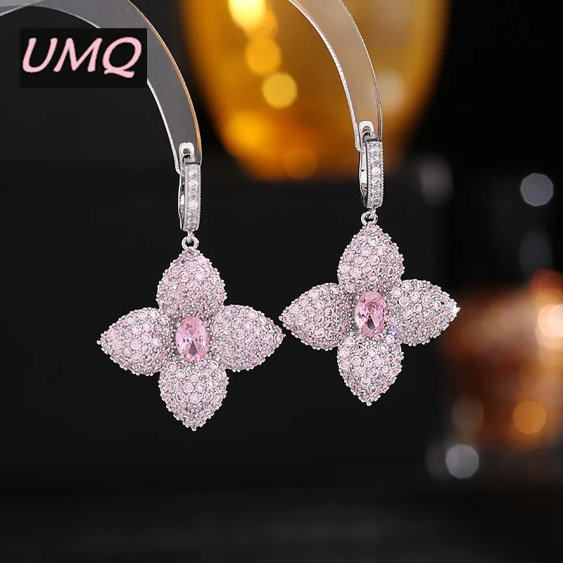 

UMQ Big Flower Earrings for Women Luxury Copper Green Pink AAA Cubic Zirconia Jewelry Woman Party Bride Wedding Friend Gift Box
