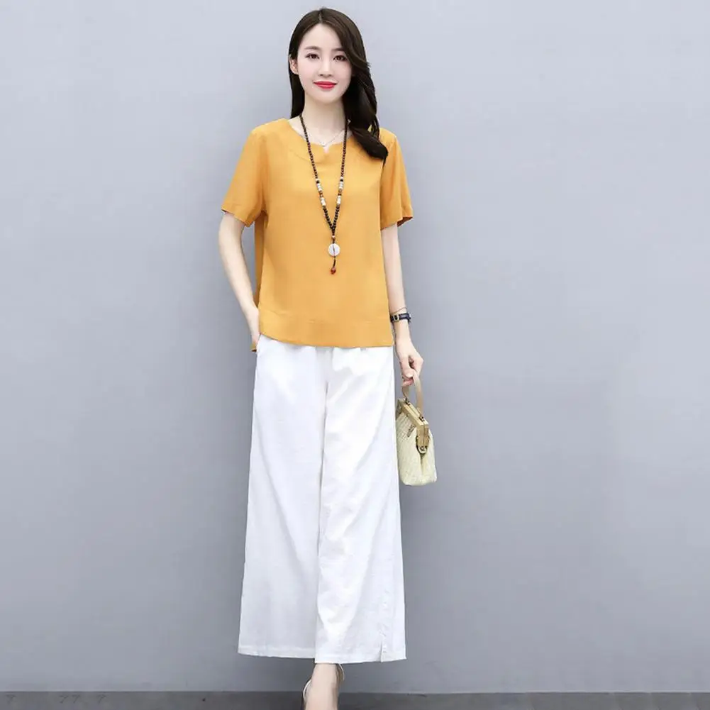 

2 Pcs/Set Top Trousers Suit Chic Soft Wide Leg Female Clothes Lady Top Pants Set Women T-shirt Pants Set