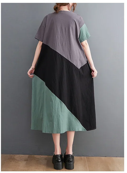 Трехцветное лоскутное платье большого размера из хлопка и льна с круглым вырезом