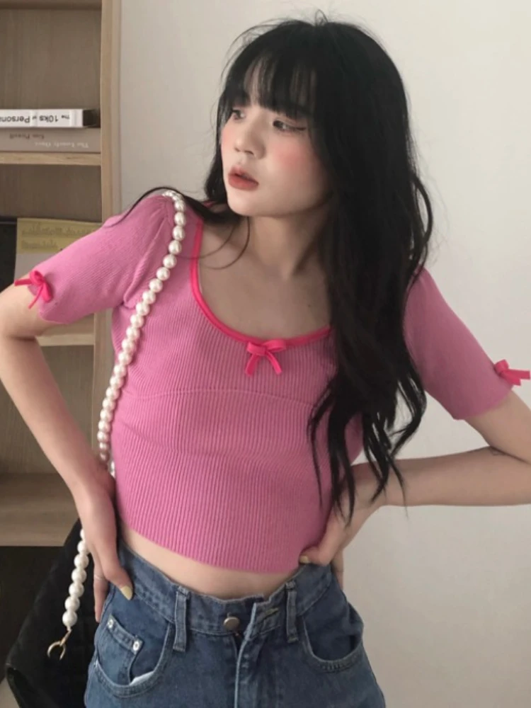 Футболка с коротким рукавом и бантом в стиле Харадзюку |