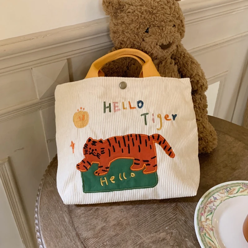 

Retro Corduroy Women Small Tote Shoulder Bags Simple Female Square Lunch Bento Bag Cute Tiger Embroidery Girls Purse Handbags