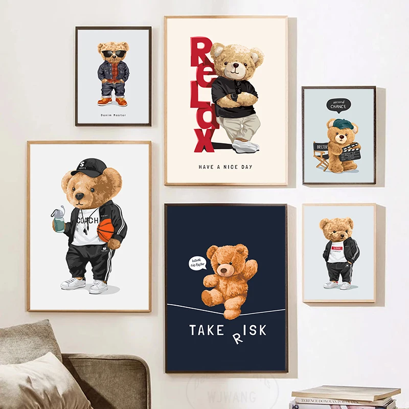 Настенная картина с забавным милым маленьким медведем, рисунок на холсте, Постер и принты, Настенная картина для детской комнаты, домашний декор