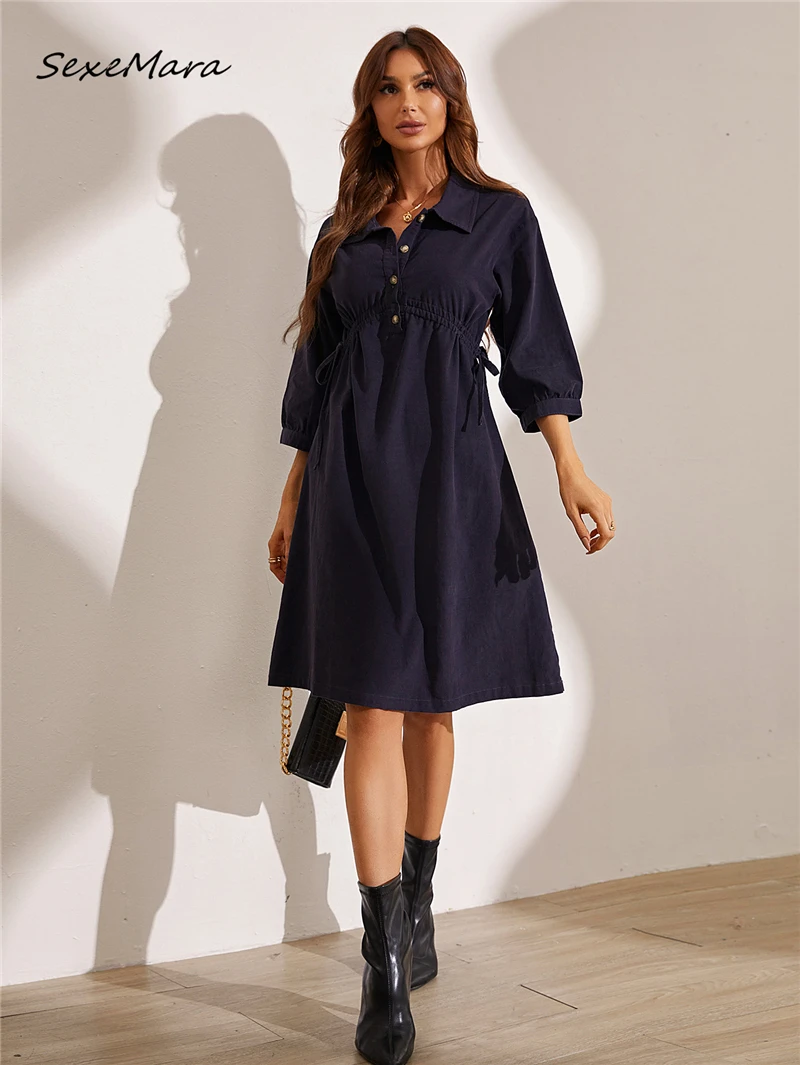 

2022 Corduroy Fall Dress Casual Fashion Long Sleeve V Neck Button Blue Dresses