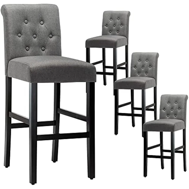 

30 Inches Stylish Fabric Barstools with Solid Wood Legs and Button-Tufted Back,Set of 4 (Gray)