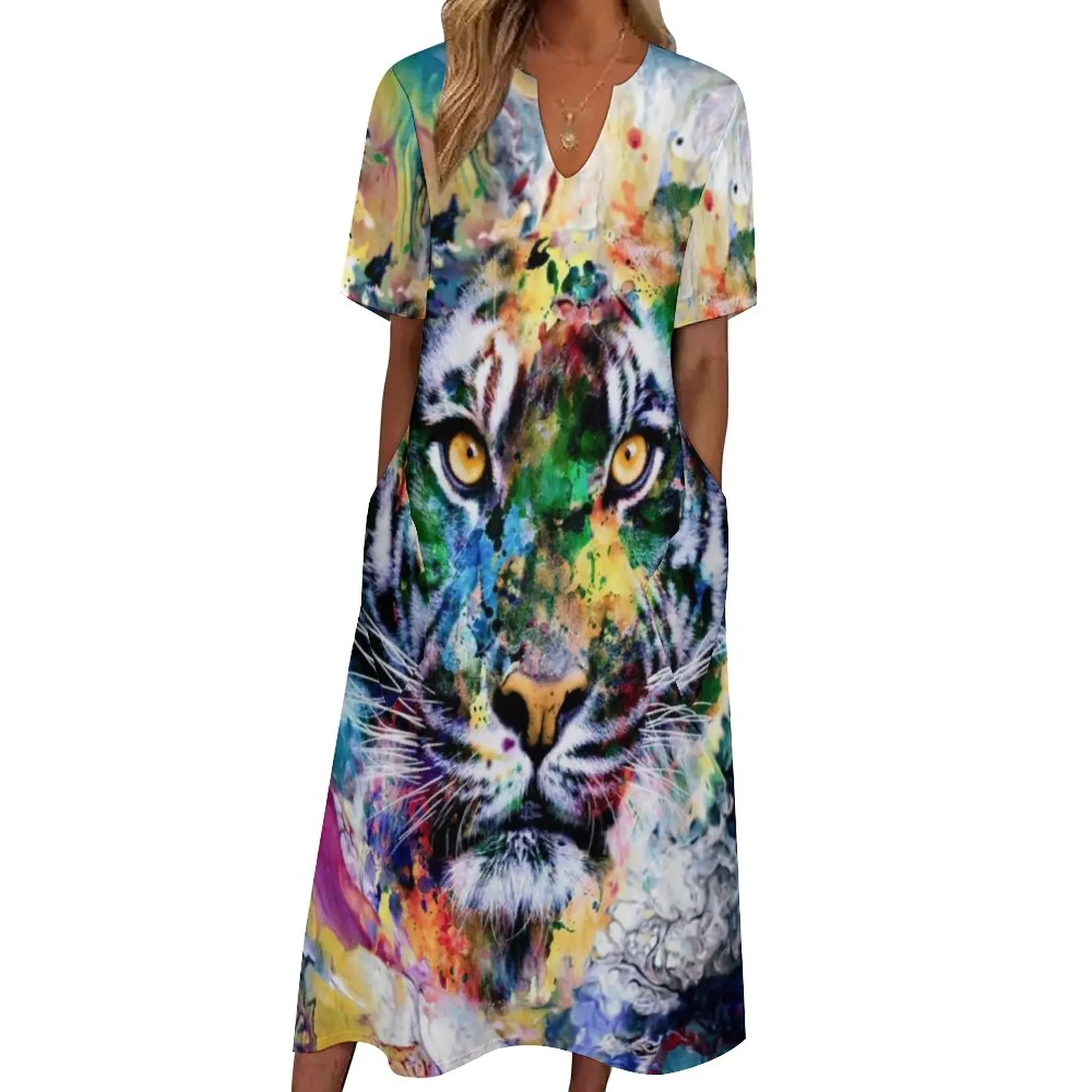 

Colorful Tiger Dress Summer Abstract Animal Print Street Fashion Bohemia Long Dresses Female Design Beach Maxi Dress Large Size