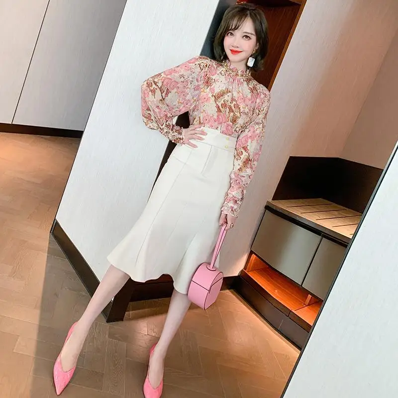 

Women 2022 Spring Autumn New Suits Female Stan Collar Print Shirt Tops and High Waist Mermaid Skirts Ladies 2 Piece Sets H140