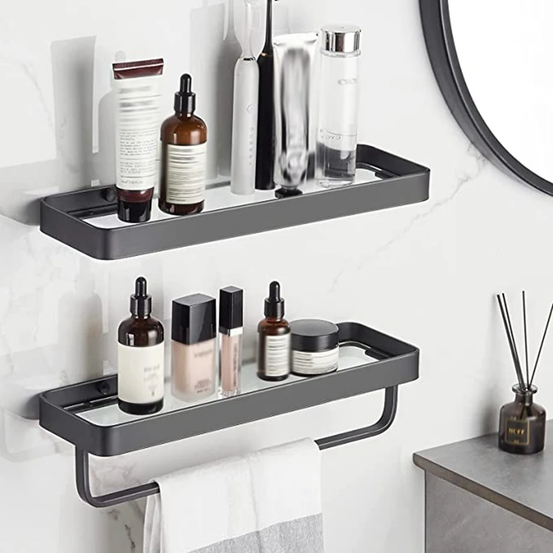 

Bathroom Wall Shelf Black 11.8 In Glass Shelf For Bathroom Floating Shelf With Towel Holder Glass Shower Shelf 2 Tier