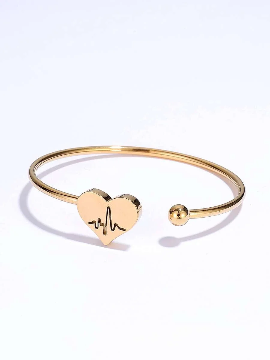

18K Gold Plated Heart Detail Cuff Bangle for Women Peach Heart Elastic Wire ECG Twisted Wire Titanium Stainless Steel Bracelet