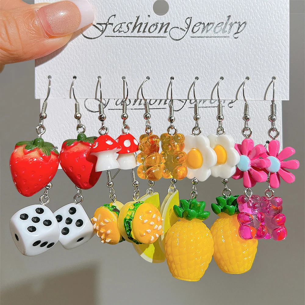 

Cartoon Colorful Fruit Heart Earrings Set For Women Cute Cloud Flower Bear Resin Geometric Acrylic Dangle Earring Trendy Jewelry