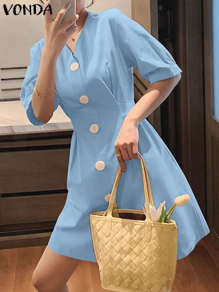 

Sexy V Neck Sundress Fashion Dress 2023 VONDA Summer Women Elegant Office Style Dress Sexy Solid Color Vestidos Robe Femme