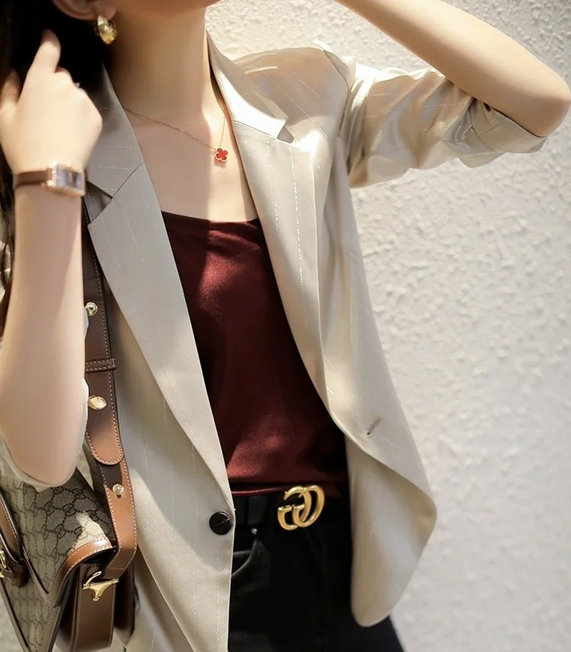 Commute Simple Striped Solid Colors Blazers Spring Autumn Thin Casual Blazers Lapel Single Breasted Suits Chic Business Clothing