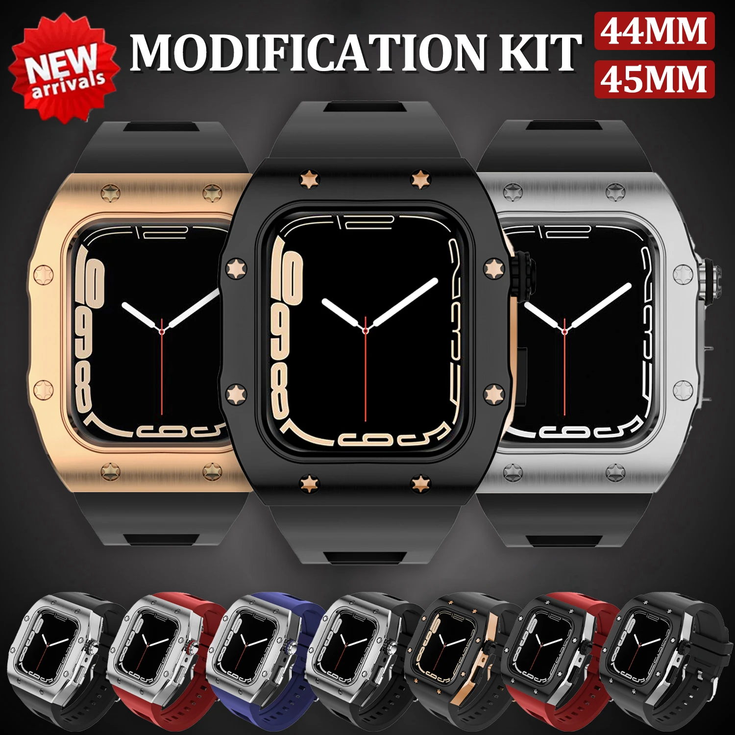 New Metal Case Silicone Band For Apple Watch Series 7 45mm 44mm Diy Modification Mod Kit For iWatch 6 5 4 45 44 SE Rubber Strap