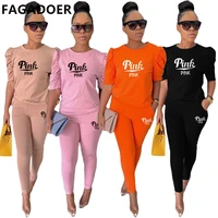 fagadoer 2022 women puff sleeve top pants sets two piece summer fashion outfits suits ol pink letter print casual tracksuits