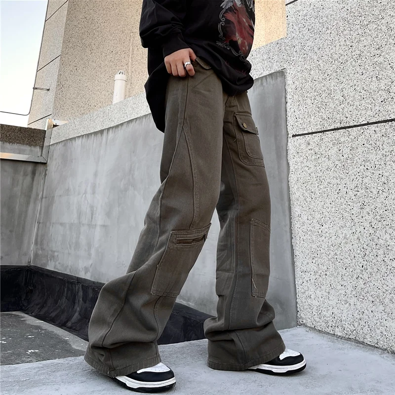 Men Clothing New Pattern Recreational Vintage Broad Leg Military Green Jeans Straight Cylinder Loose Cargo Pants Autumn Female