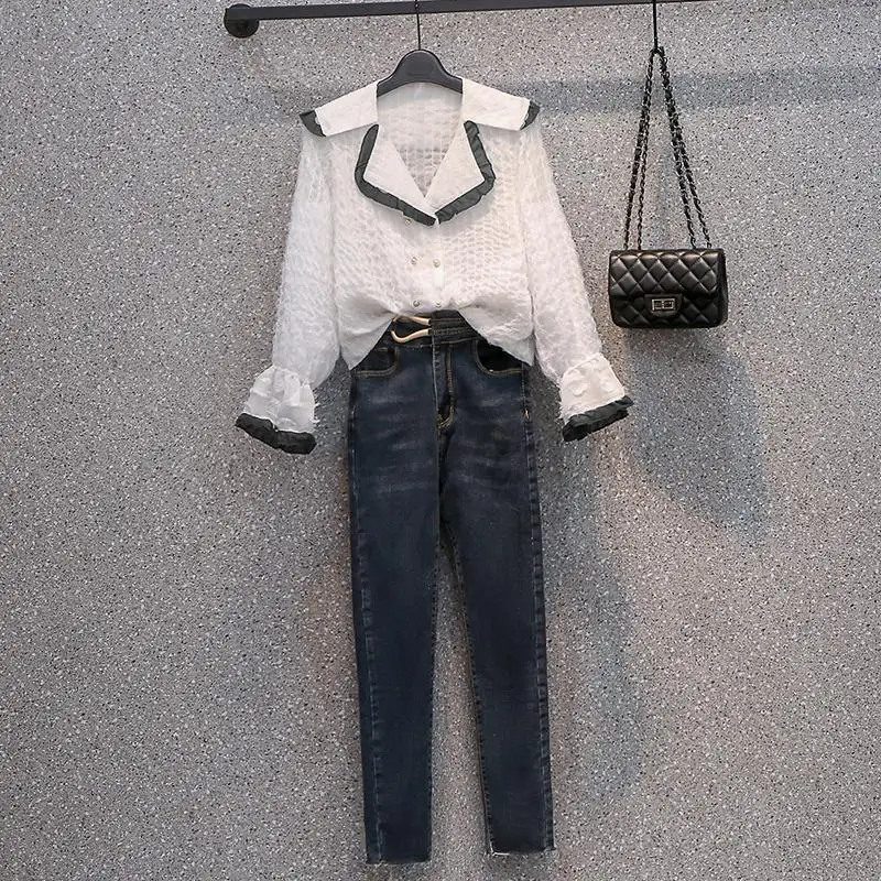 

Новинка весна-осень 2022, рубашка с оборками, джинсовые брюки, женская блузка, джинсы, комплект из двух предметов в Корейском стиле, Модная элегантная одежда, брюки