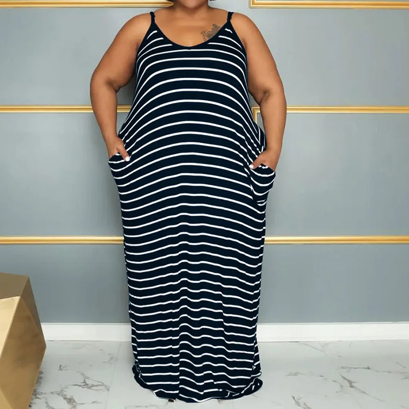 Summer Crew Neck Casual Striped Printed Sleeveless Plus Size Women's Clothing Patchwork Double Pockets A-line Slip Long Dress